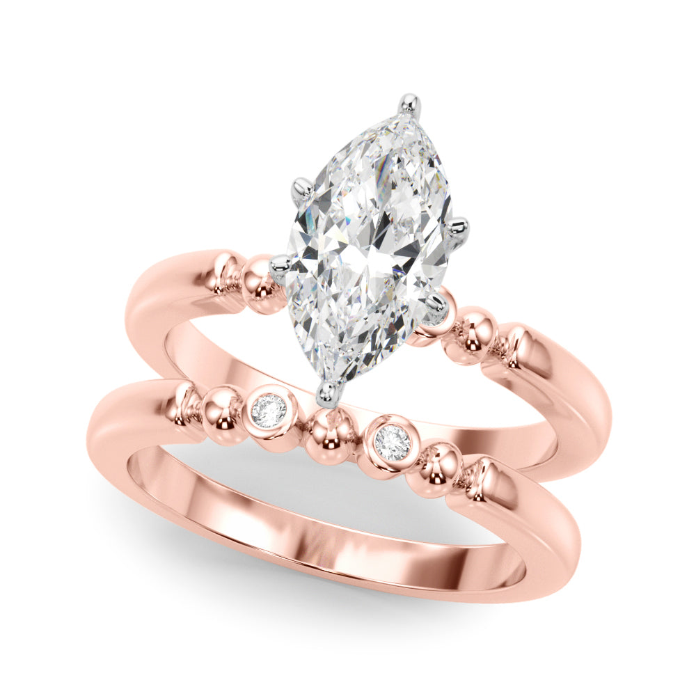 Rose gold Marquise Solitaire Beaded Band with Four-Prong Setting