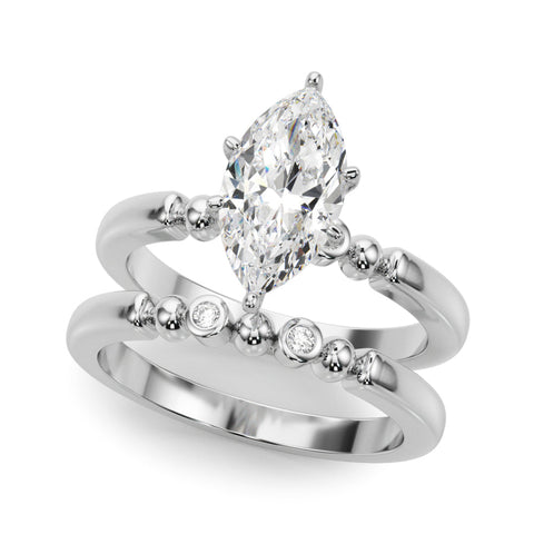 White gold Marquise Solitaire Beaded Band with Four-Prong Setting