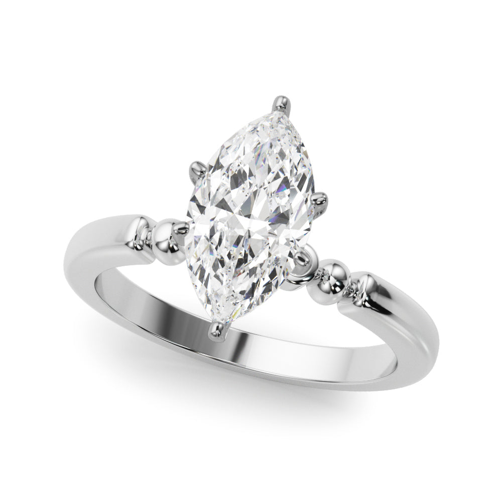 White gold Marquise Solitaire Beaded Band with Four-Prong Setting