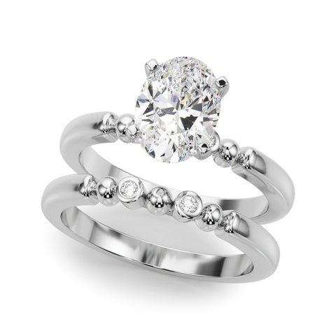 White gold Oval Solitaire Beaded Band with Four-Prong Setting