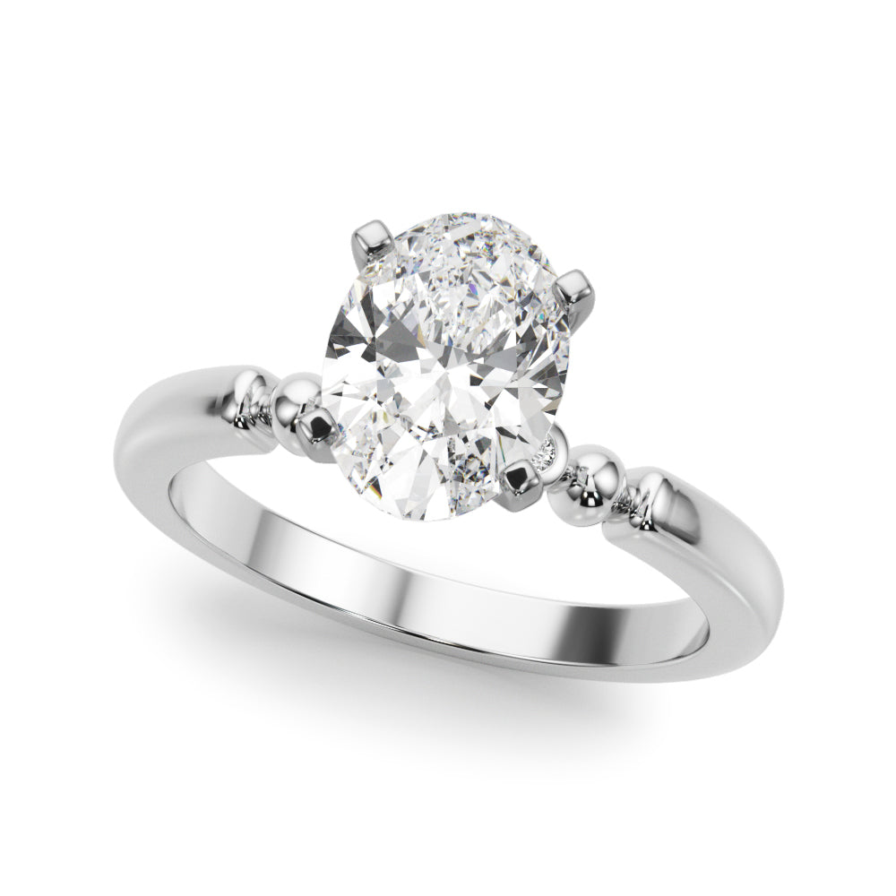 Platinum Oval Solitaire Beaded Band with Four-Prong Setting