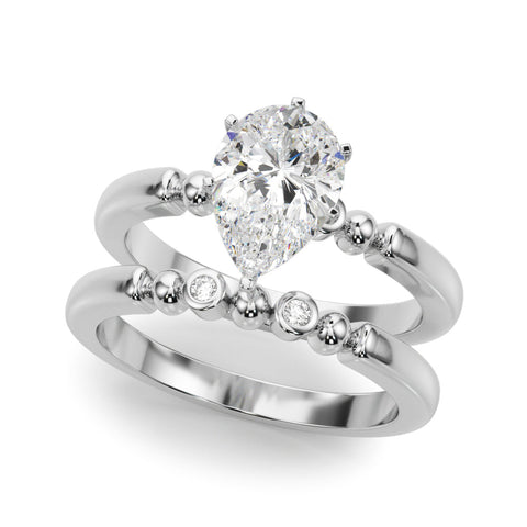 White gold Pear Solitaire Beaded Band with Four-Prong Setting