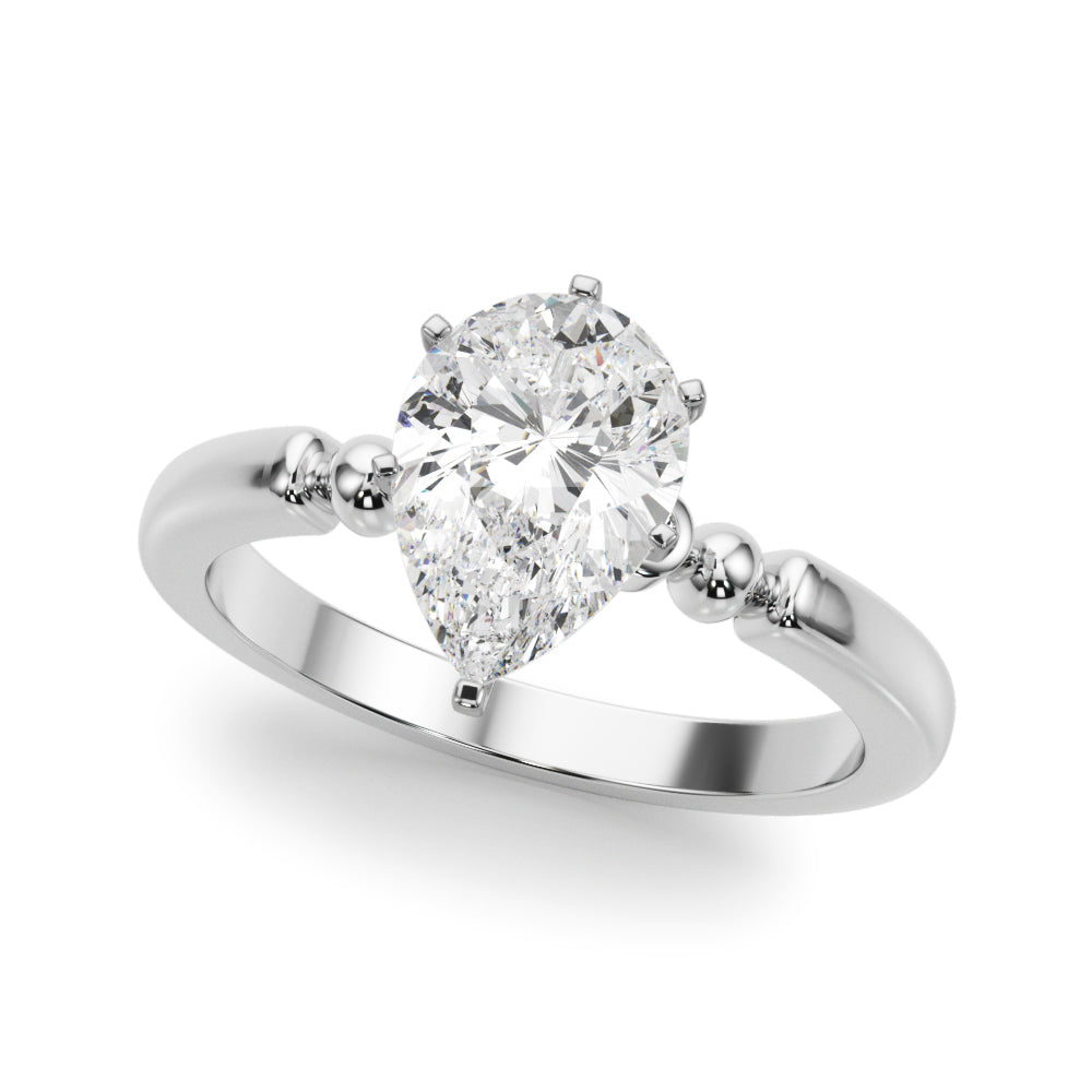 White gold Pear Solitaire Beaded Band with Four-Prong Setting
