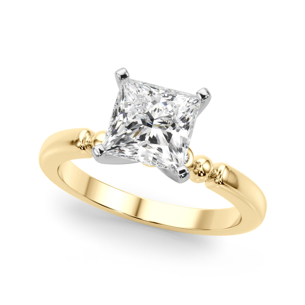 Yellow gold Cushion Solitaire Beaded Band with Four-Prong Setting