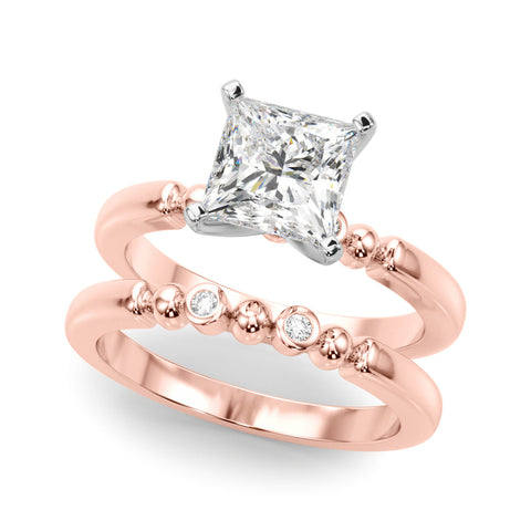 Rose gold Princess Solitaire Beaded Band with Four-Prong Setting