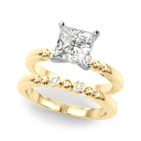 Yellow gold Cushion Solitaire Beaded Band with Four-Prong Setting