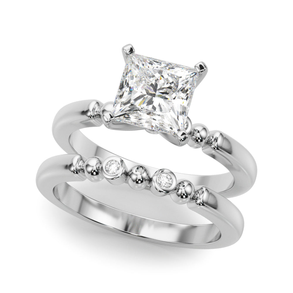 White gold Heart Solitaire Beaded Band with Four-Prong Setting