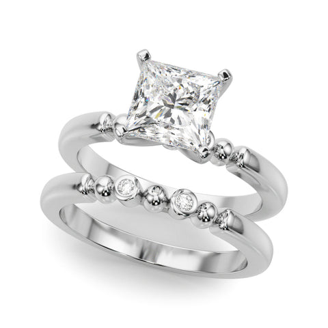 Platinum Princess Solitaire Beaded Band with Four-Prong Setting