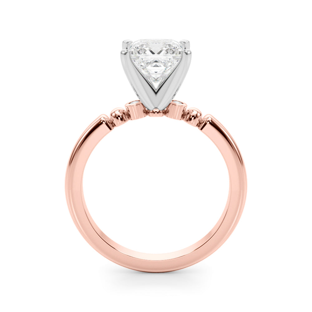 Rose gold Cushion Solitaire Beaded Band with Four-Prong Setting