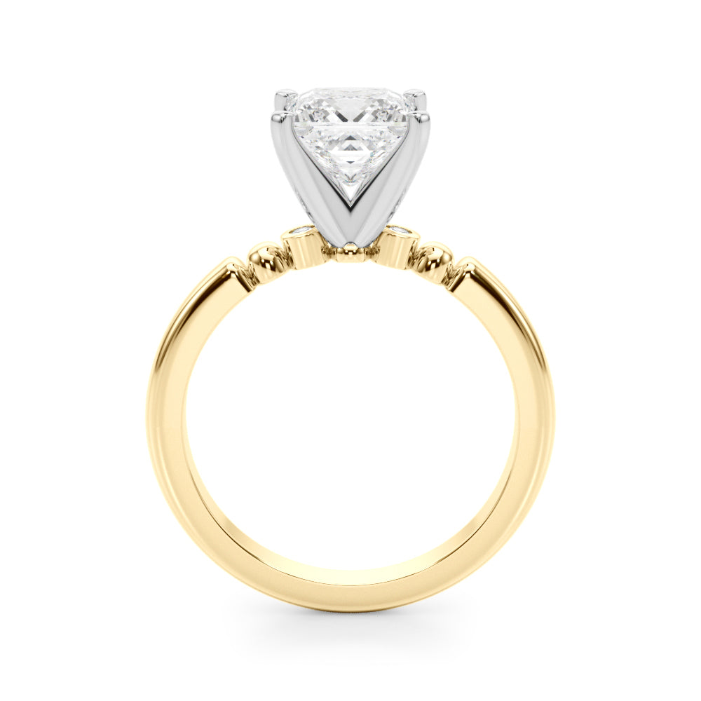 Yellow gold Cushion Solitaire Beaded Band with Four-Prong Setting