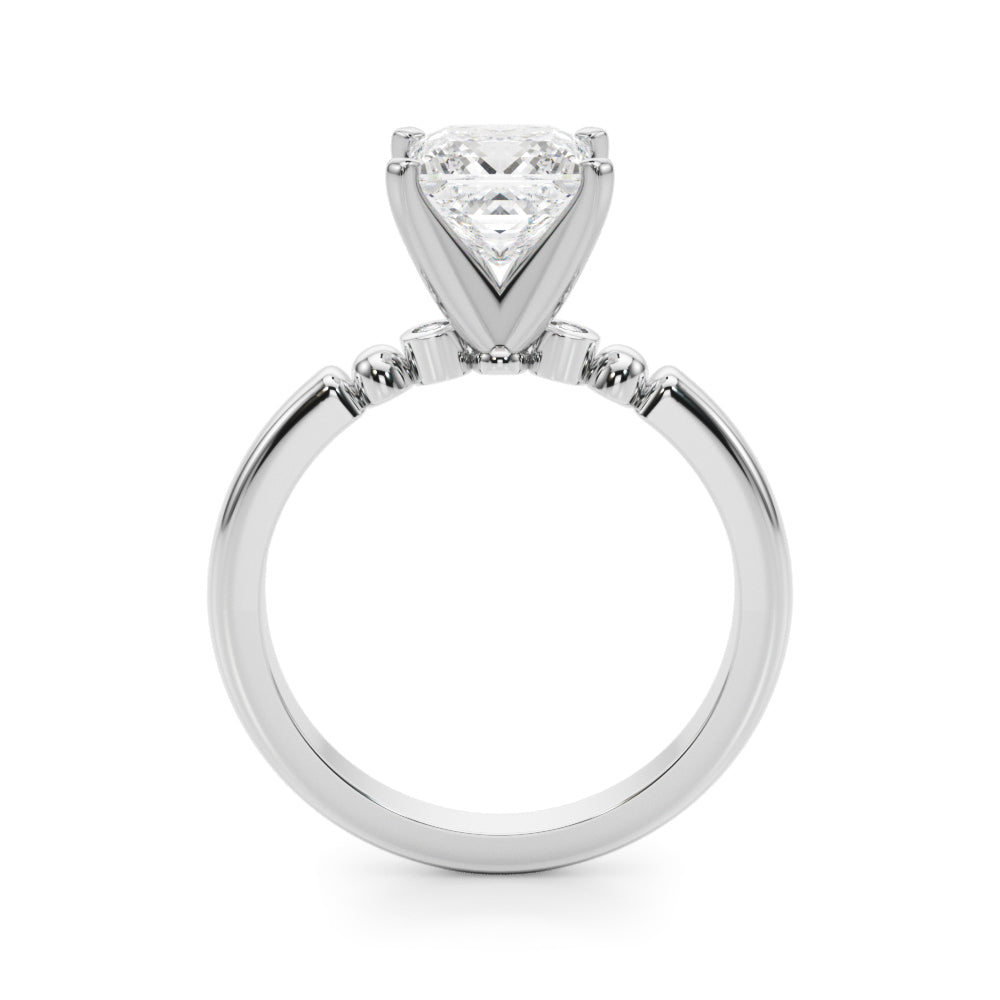 White gold Cushion Solitaire Beaded Band with Four-Prong Setting
