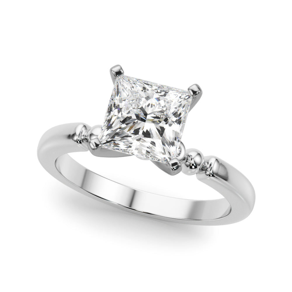 White gold Cushion Solitaire Beaded Band with Four-Prong Setting