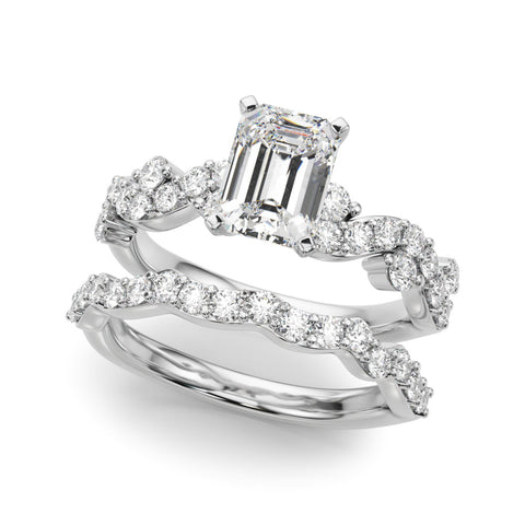 Platinum Emerald Cut Solitaire Diamond Twisted Band with Pave Setting
