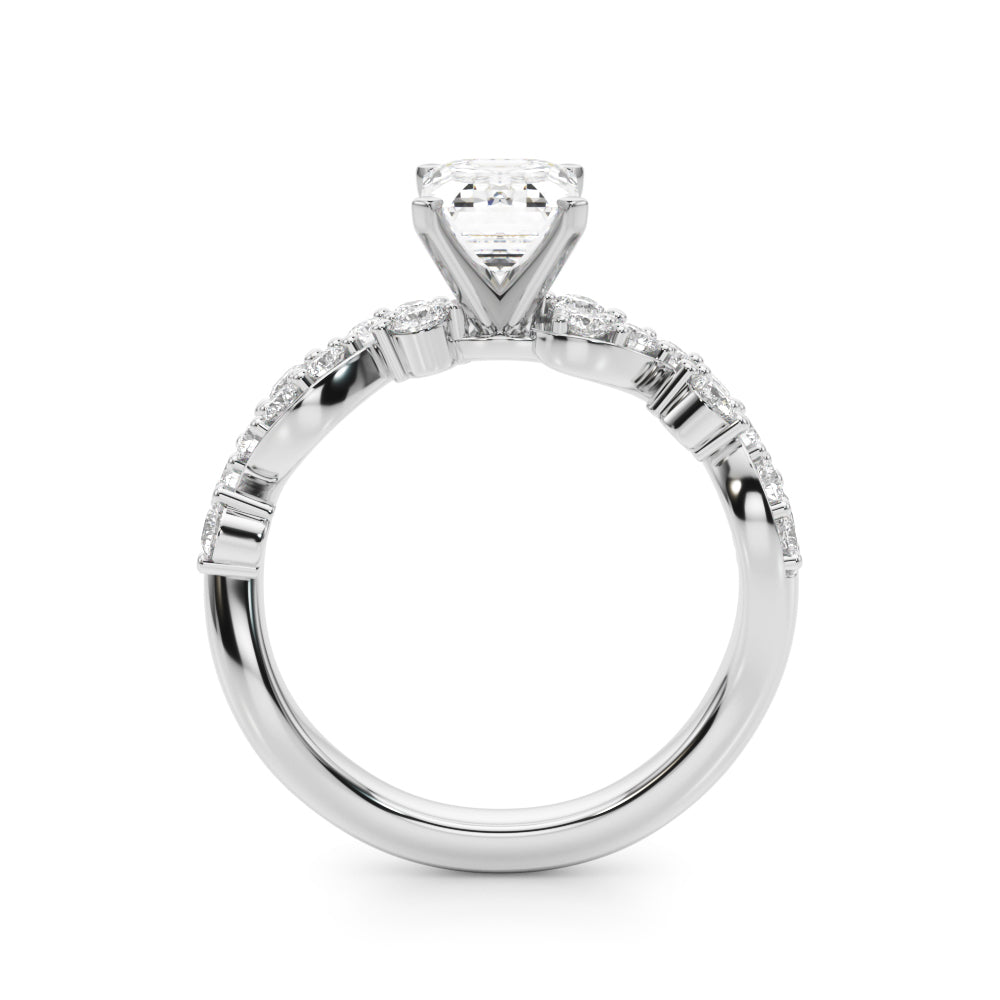 Platinum Emerald Cut Solitaire Diamond Twisted Band with Pave Setting