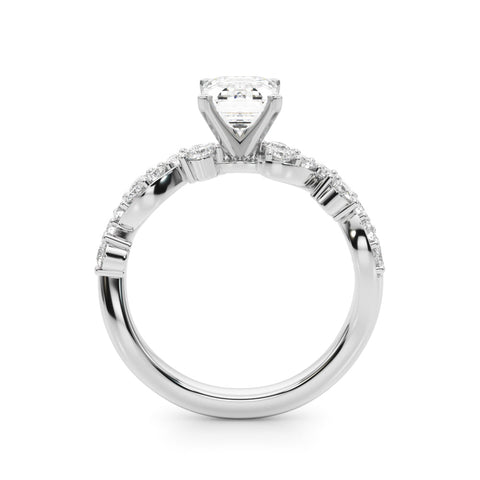 Platinum Emerald Cut Solitaire Diamond Twisted Band with Pave Setting