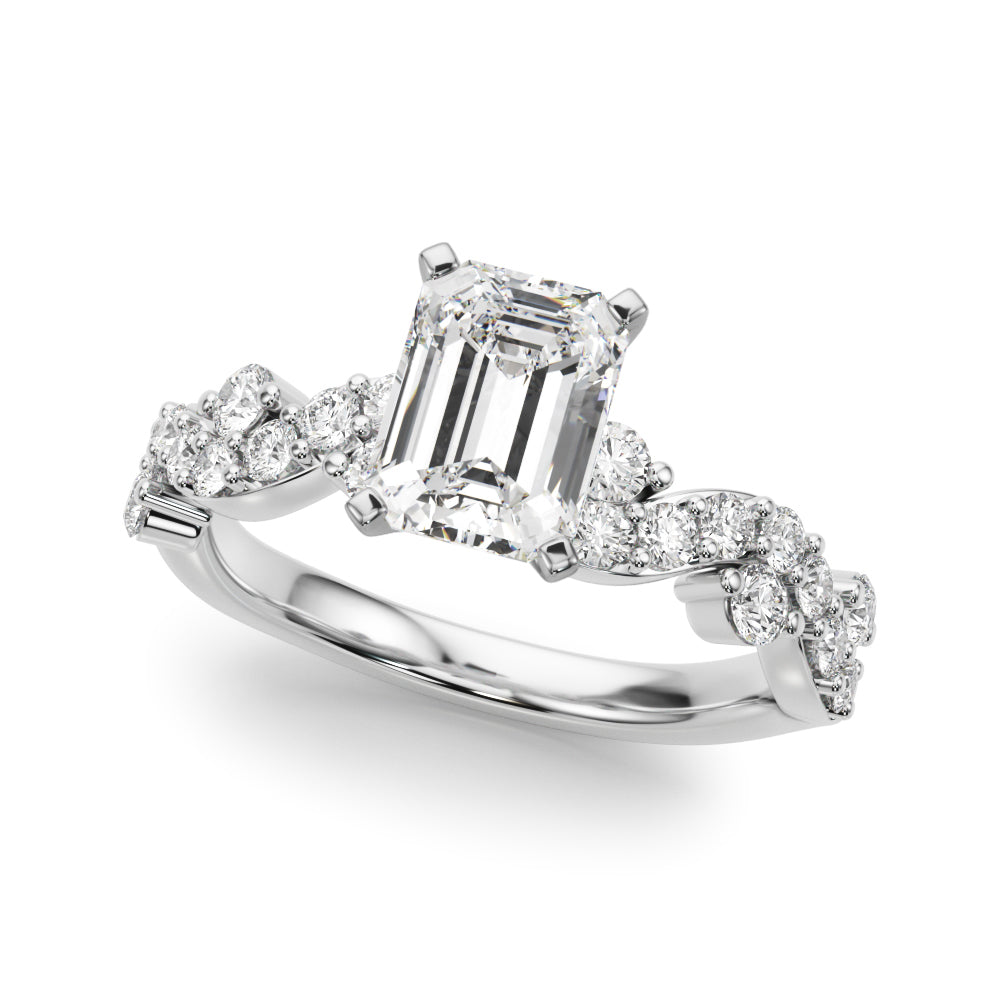 Silver Emerald Cut Solitaire Diamond Twisted Band with Pave Setting