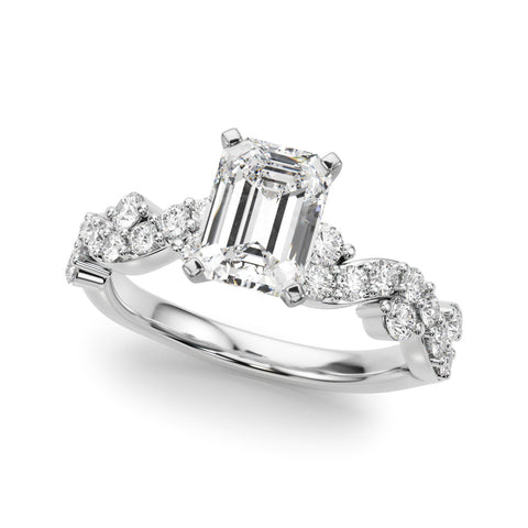 Platinum Emerald Cut Solitaire Diamond Twisted Band with Pave Setting