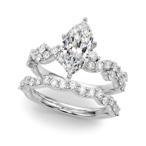 Platinum Marquise Cut Solitaire Diamond Twisted Band with Pave Setting