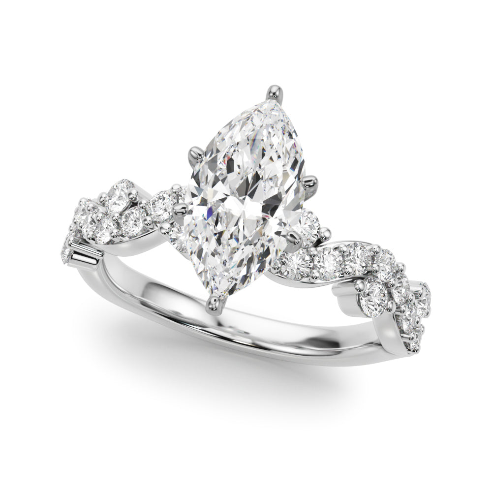Silver Marquise Cut Solitaire Diamond Twisted Band with Pave Setting