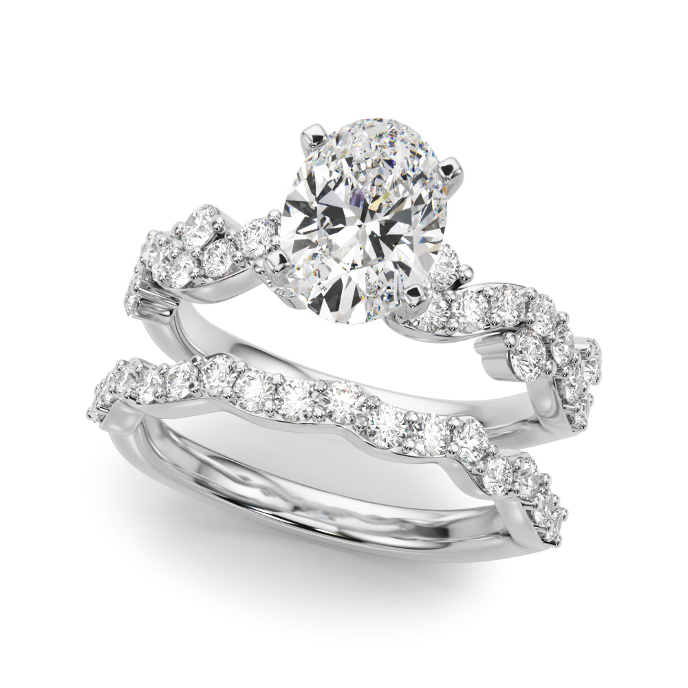 Platinum Oval Cut Solitaire Diamond Twisted Band with Pave Setting