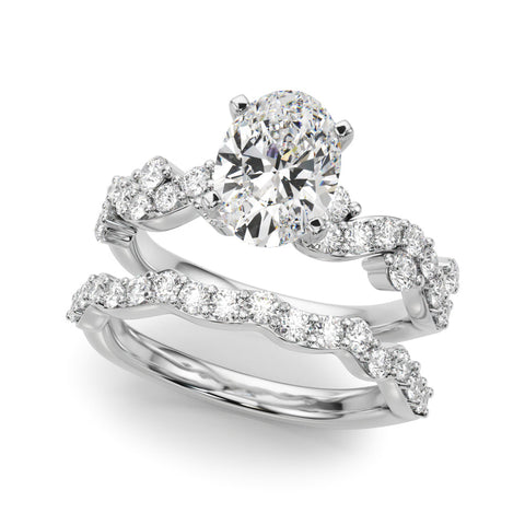 Platinum Oval Cut Solitaire Diamond Twisted Band with Pave Setting
