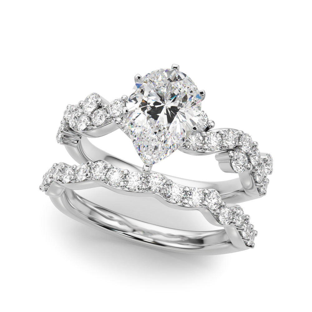 Platinum Pear Cut Solitaire Diamond Twisted Band with Pave Setting