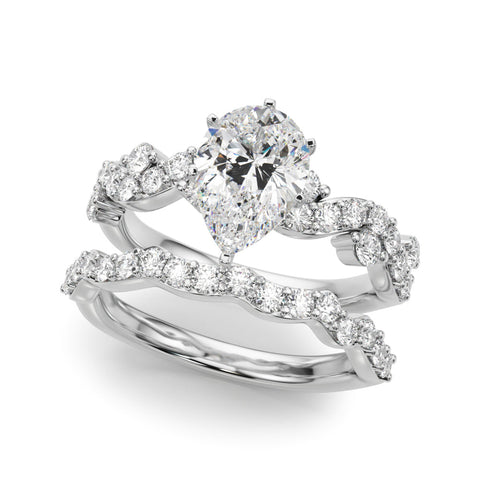 Platinum Pear Cut Solitaire Diamond Twisted Band with Pave Setting