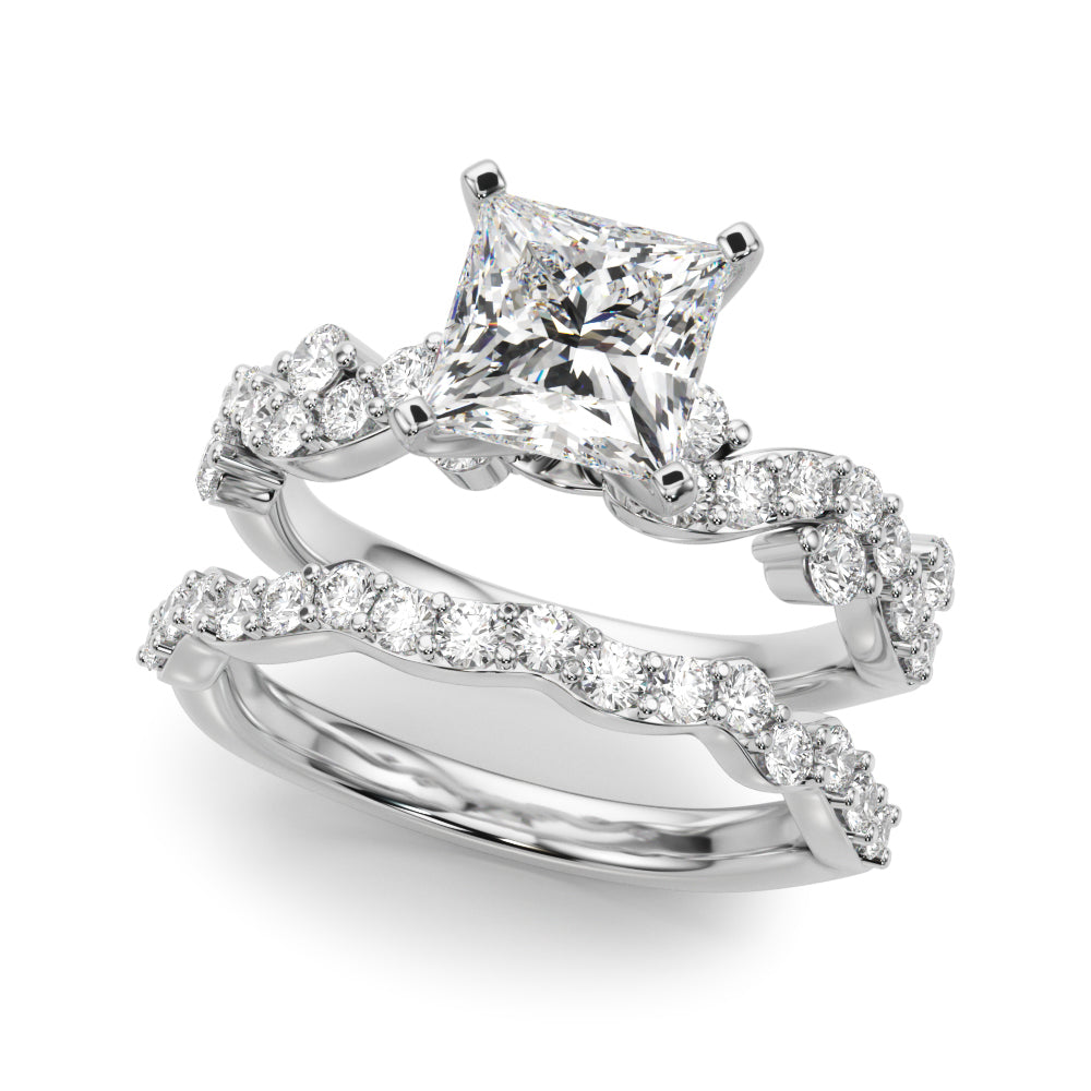 Platinum Princess Cut Solitaire Diamond Twisted Band with Pave Setting