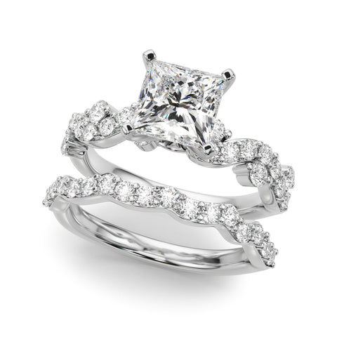 Platinum Princess Cut Solitaire Diamond Twisted Band with Pave Setting