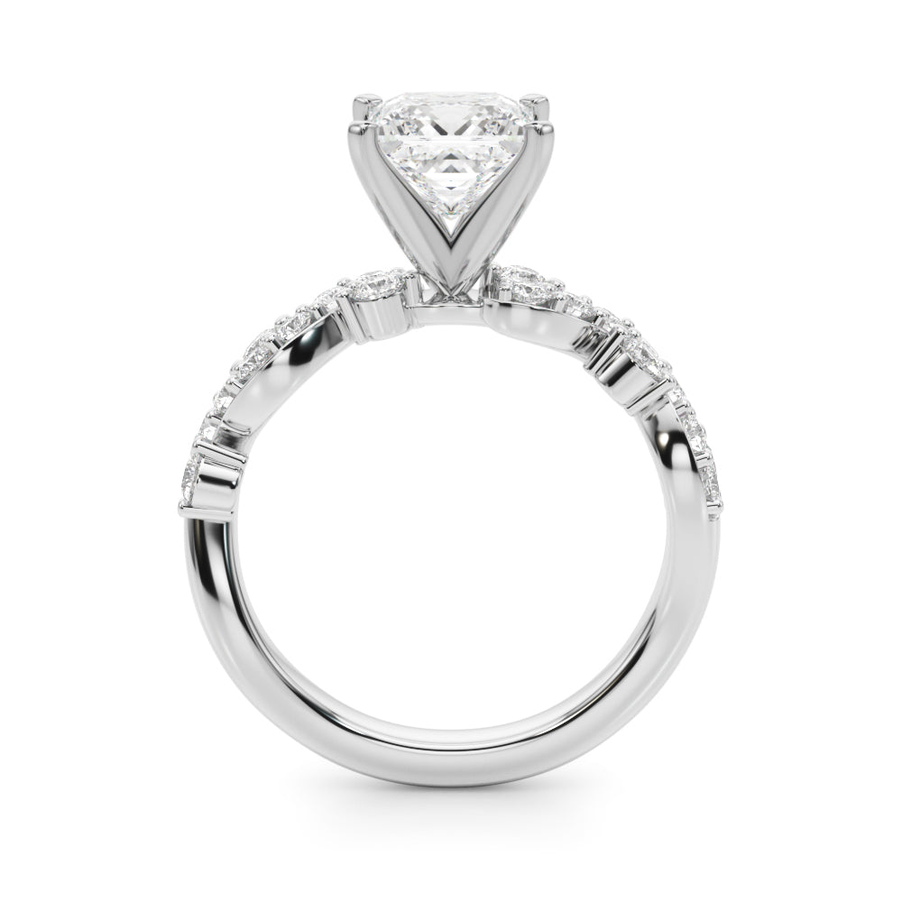 Platinum Princess Cut Solitaire Diamond Twisted Band with Pave Setting