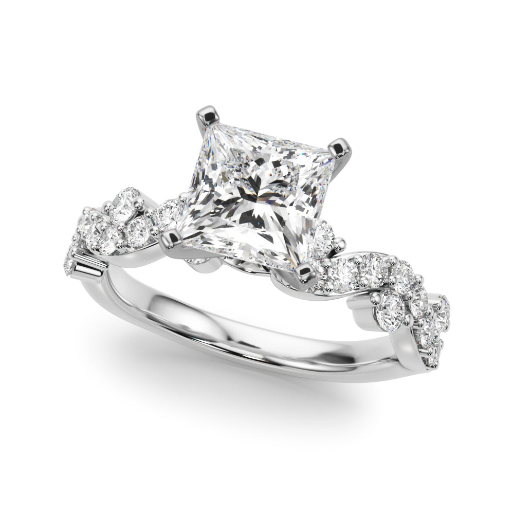 Platinum Princess Cut Solitaire Diamond Twisted Band with Pave Setting