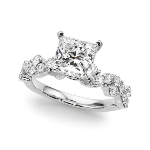 Platinum Princess Cut Solitaire Diamond Twisted Band with Pave Setting