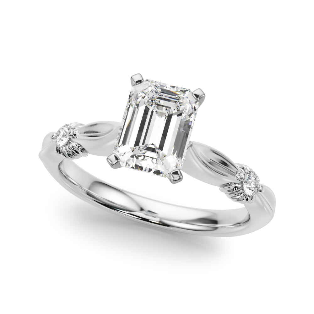 White gold Emerald Solitaire Diamond Twisted Band with Four-Prong Setting