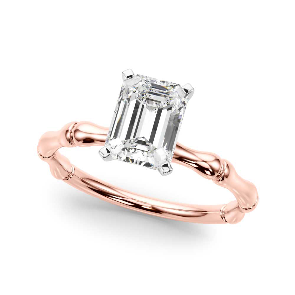 Rose gold Radiant Solitaire Diamond Ring with Bamboo Band and Four-Prong Setting