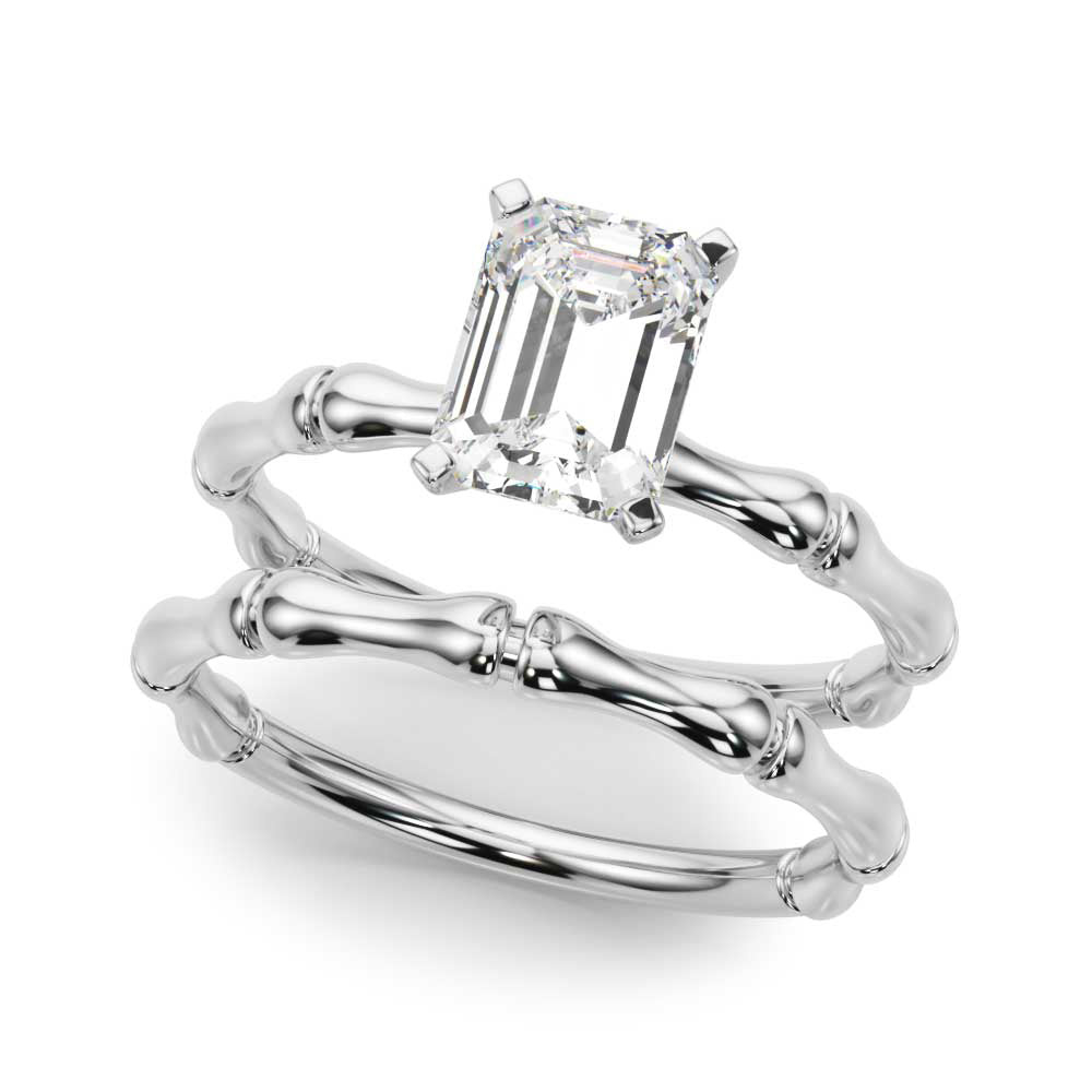 White gold Radiant Solitaire Diamond Ring with Bamboo Band and Four-Prong Setting
