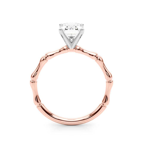 Rose gold Emerald Solitaire Diamond Ring with Bamboo Band and Four-Prong Setting