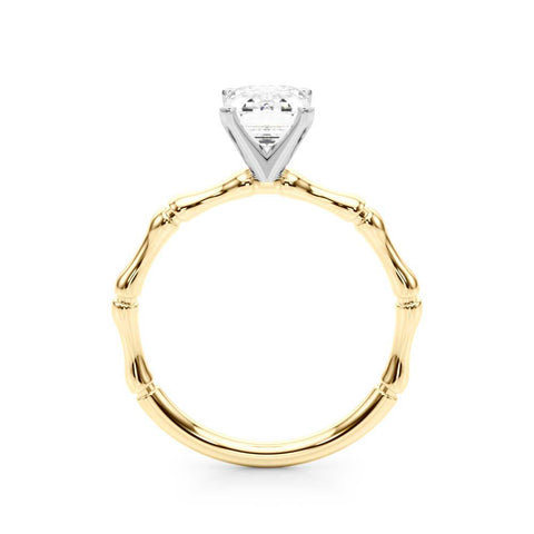 Yellow gold Emerald Solitaire Diamond Ring with Bamboo Band and Four-Prong Setting
