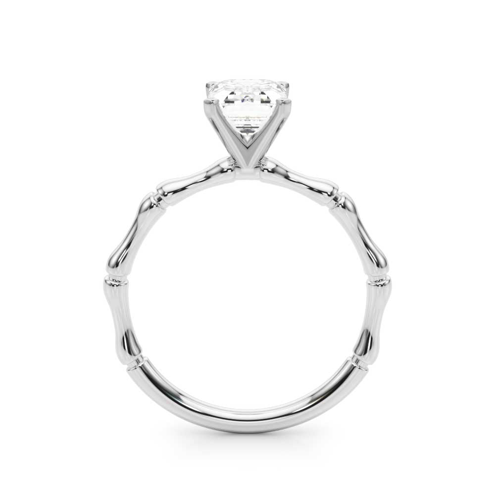 White gold Emerald Solitaire Diamond Ring with Bamboo Band and Four-Prong Setting
