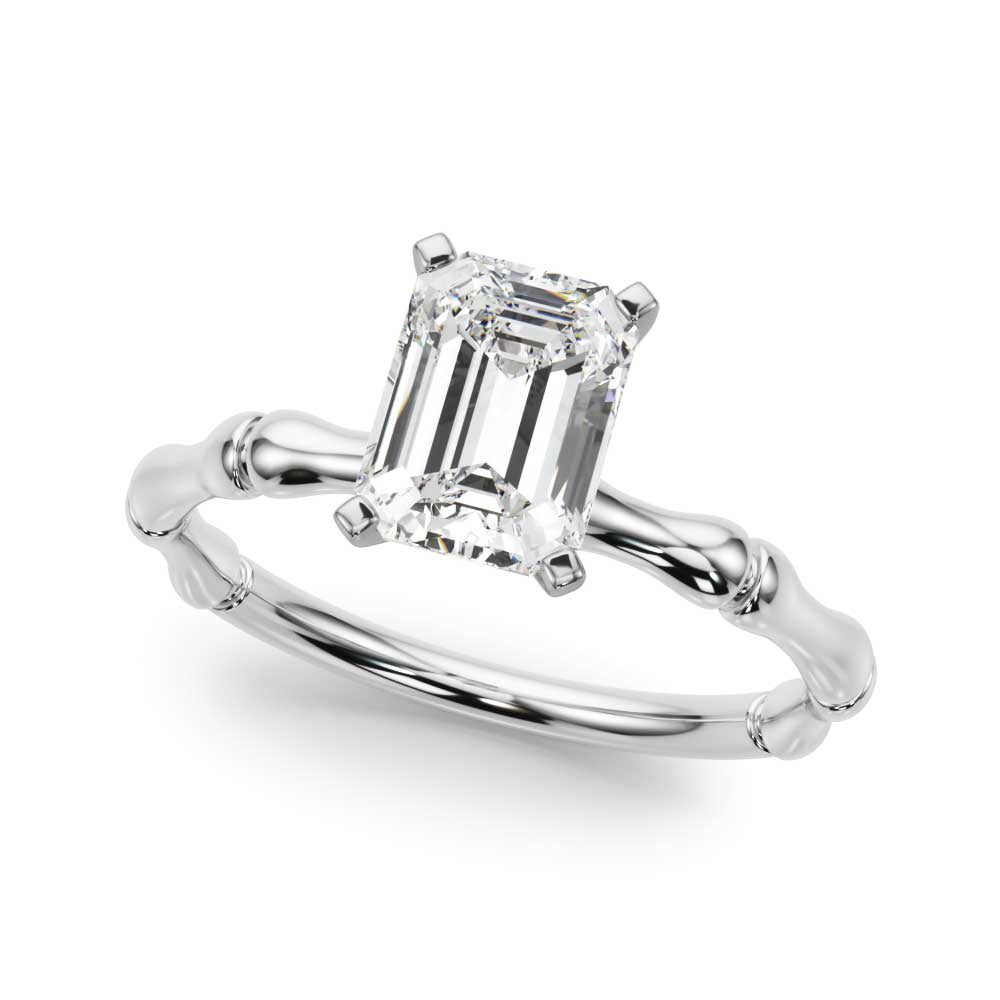 White gold Radiant Solitaire Diamond Ring with Bamboo Band and Four-Prong Setting