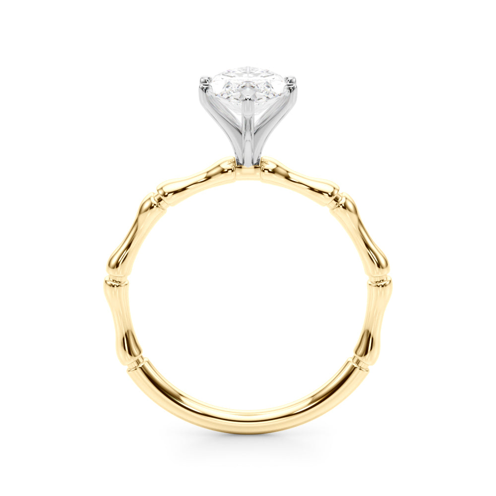 Yellow gold Marquise Solitaire Diamond Ring with Bamboo Band and Four-Prong Setting