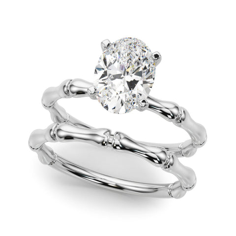 Platinum Oval Solitaire Diamond Ring with Bamboo Band and Four-Prong Setting
