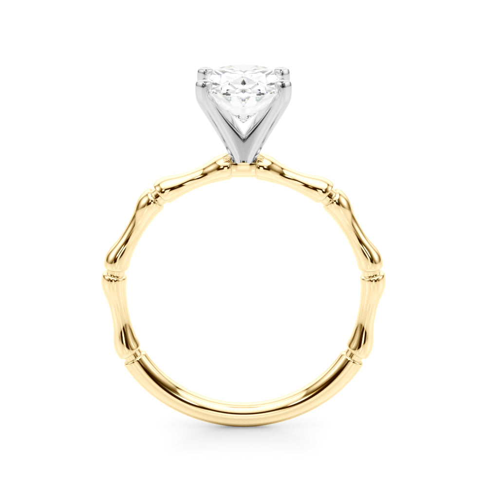 Yellow gold Oval Solitaire Diamond Ring with Bamboo Band and Four-Prong Setting