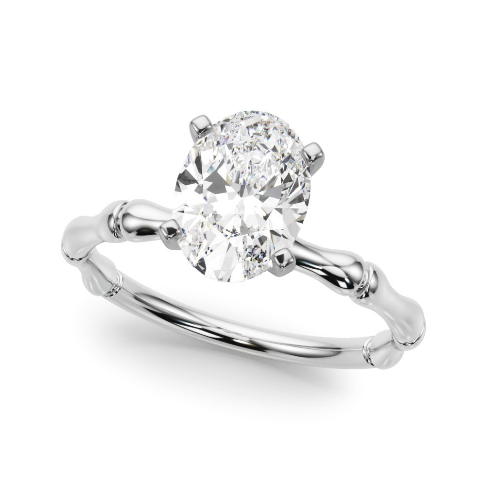 Platinum Oval Solitaire Diamond Ring with Bamboo Band and Four-Prong Setting