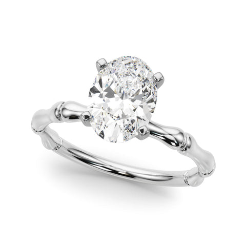 Platinum Oval Solitaire Diamond Ring with Bamboo Band and Four-Prong Setting