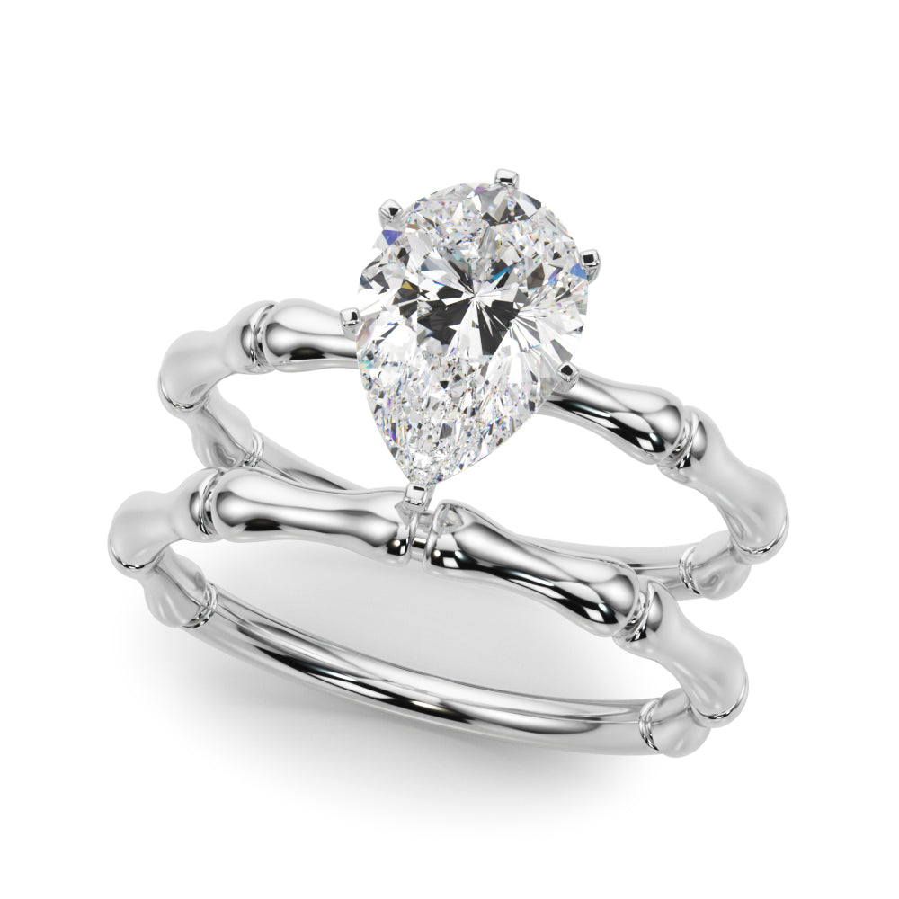 Platinum Pear Solitaire Diamond Ring with Bamboo Band and Four-Prong Setting