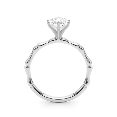 White gold Pear Solitaire Diamond Ring with Bamboo Band and Four-Prong Setting