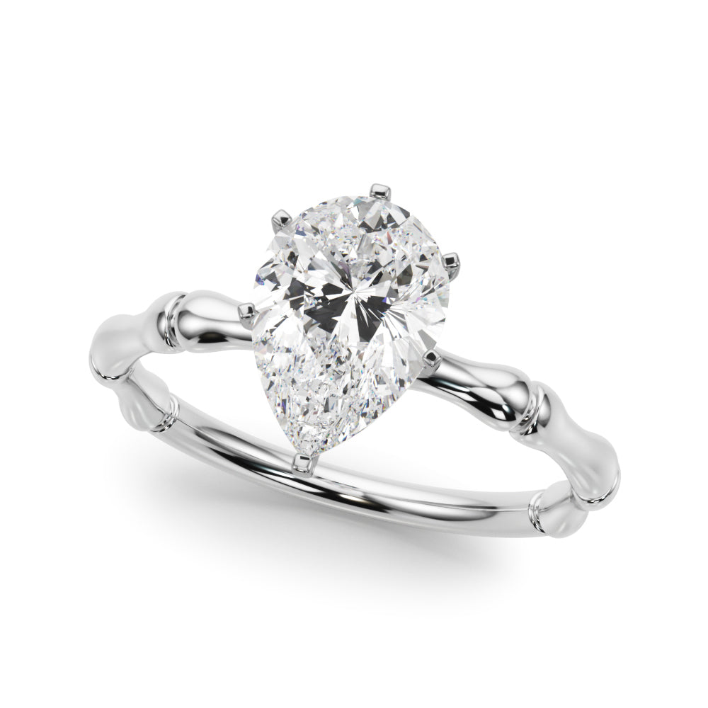 Platinum Pear Solitaire Diamond Ring with Bamboo Band and Four-Prong Setting
