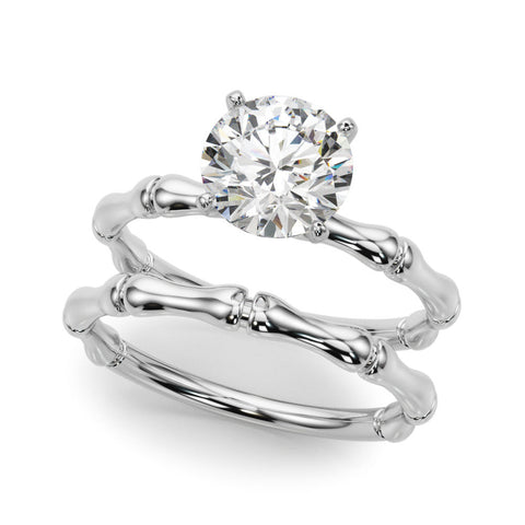 White gold Cushion Solitaire Diamond Ring with Bamboo Band and Four-Prong Setting