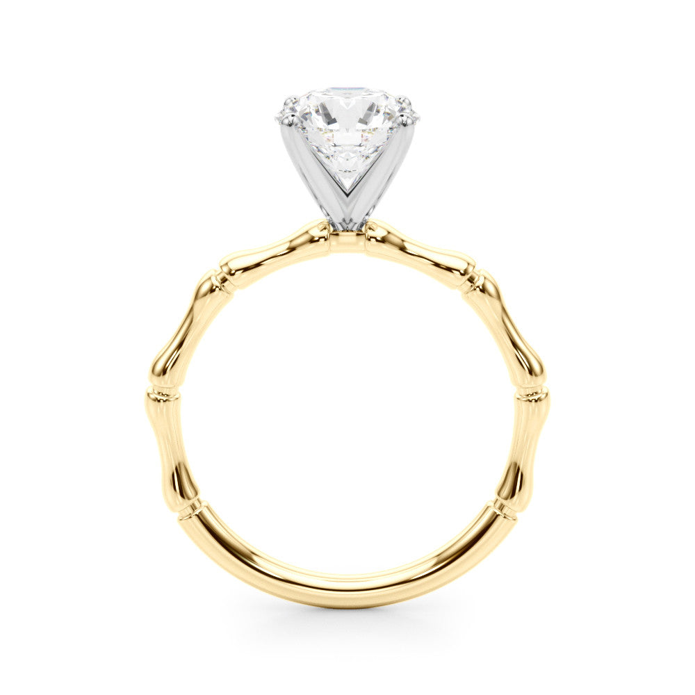 Yellow gold Cushion Solitaire Diamond Ring with Bamboo Band and Four-Prong Setting