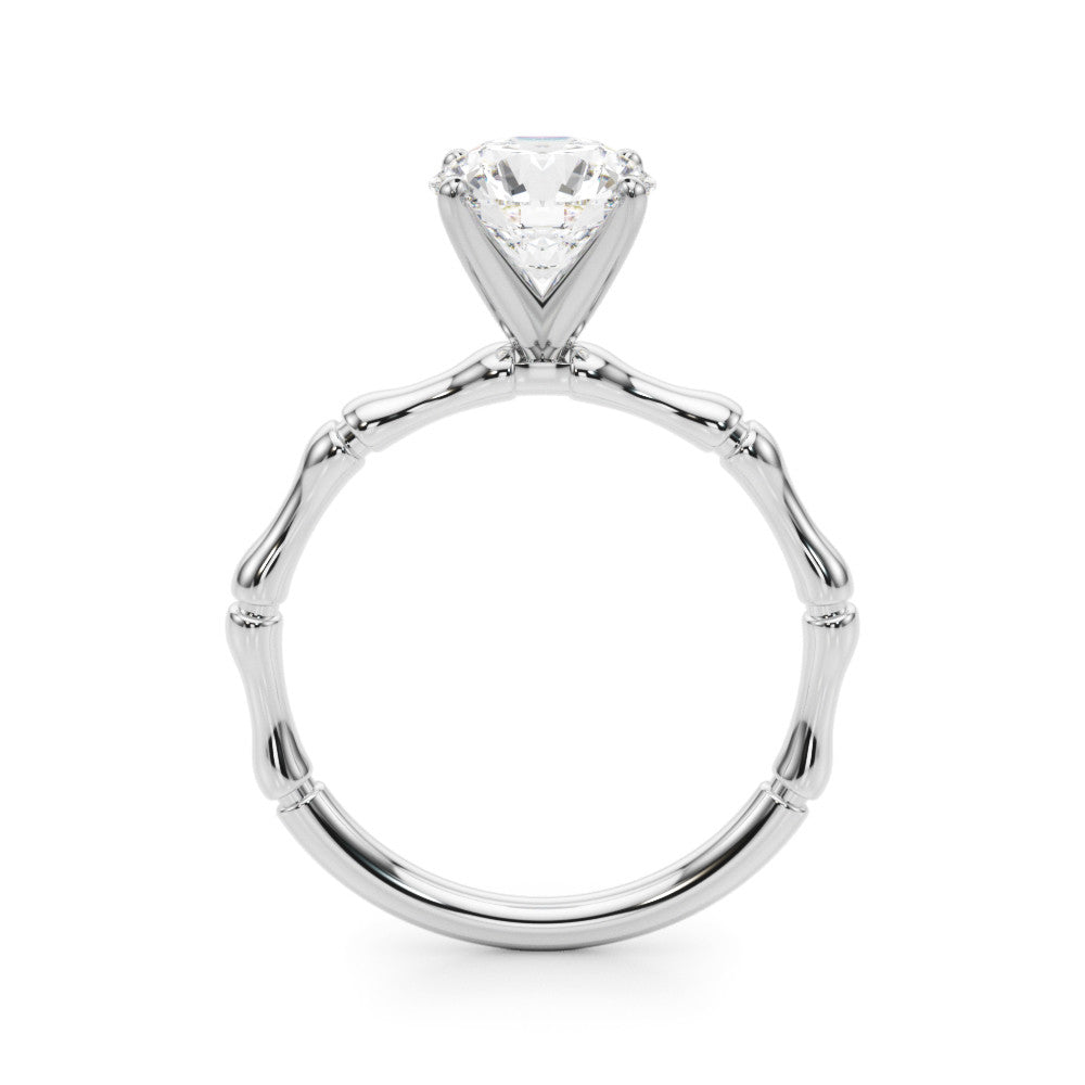 Platinum Round Solitaire Diamond Ring with Bamboo Band and Four-Prong Setting